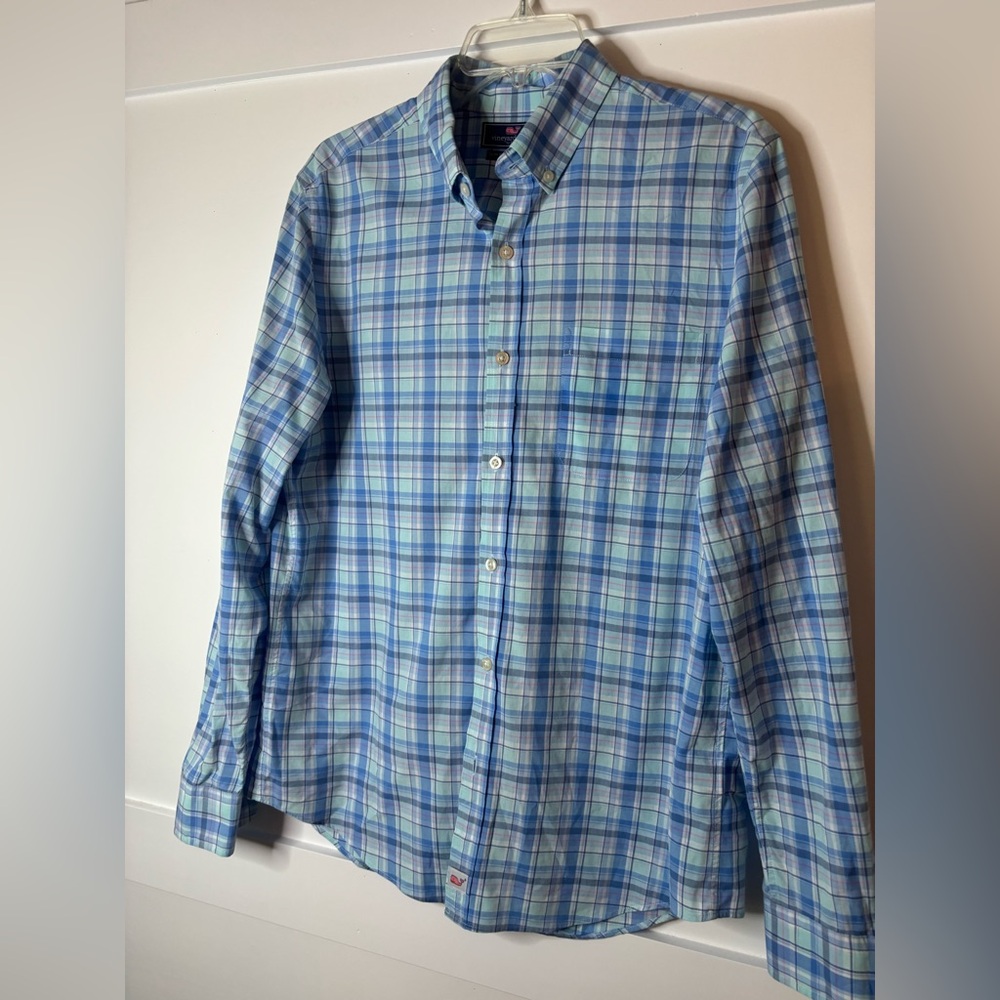 Vineyard Vines Light Blue and Green Plaid Shirt size medium - Picture 3 of 4